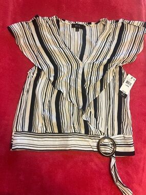 BCX Black and White Striped Wrap-Front Blouse with Ring Tie